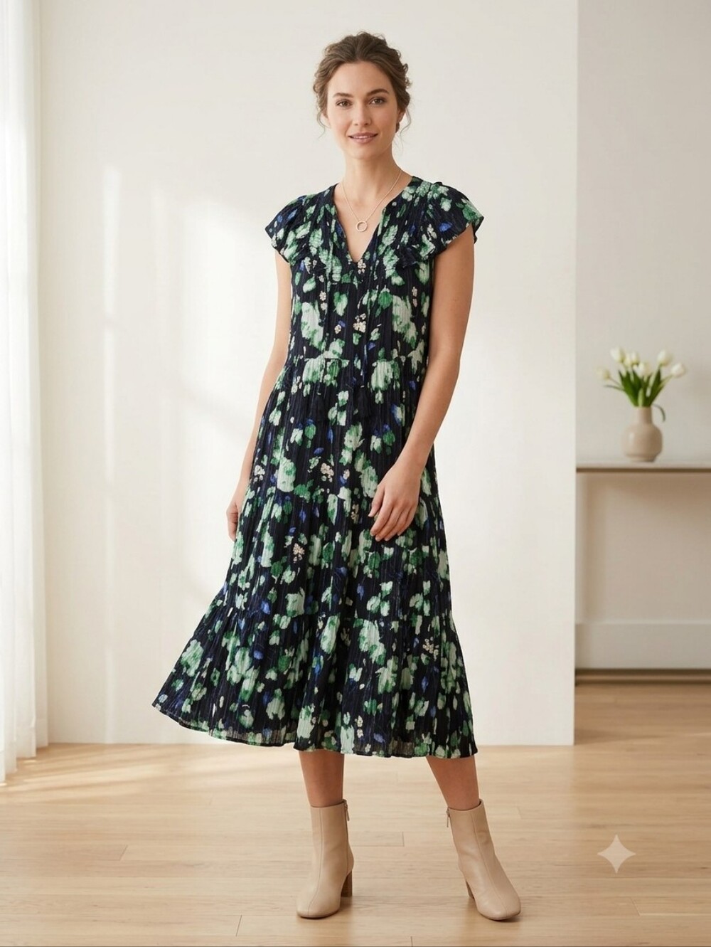 Style & Co. Navy Floral V-Neck Midi Dress with Green Accents